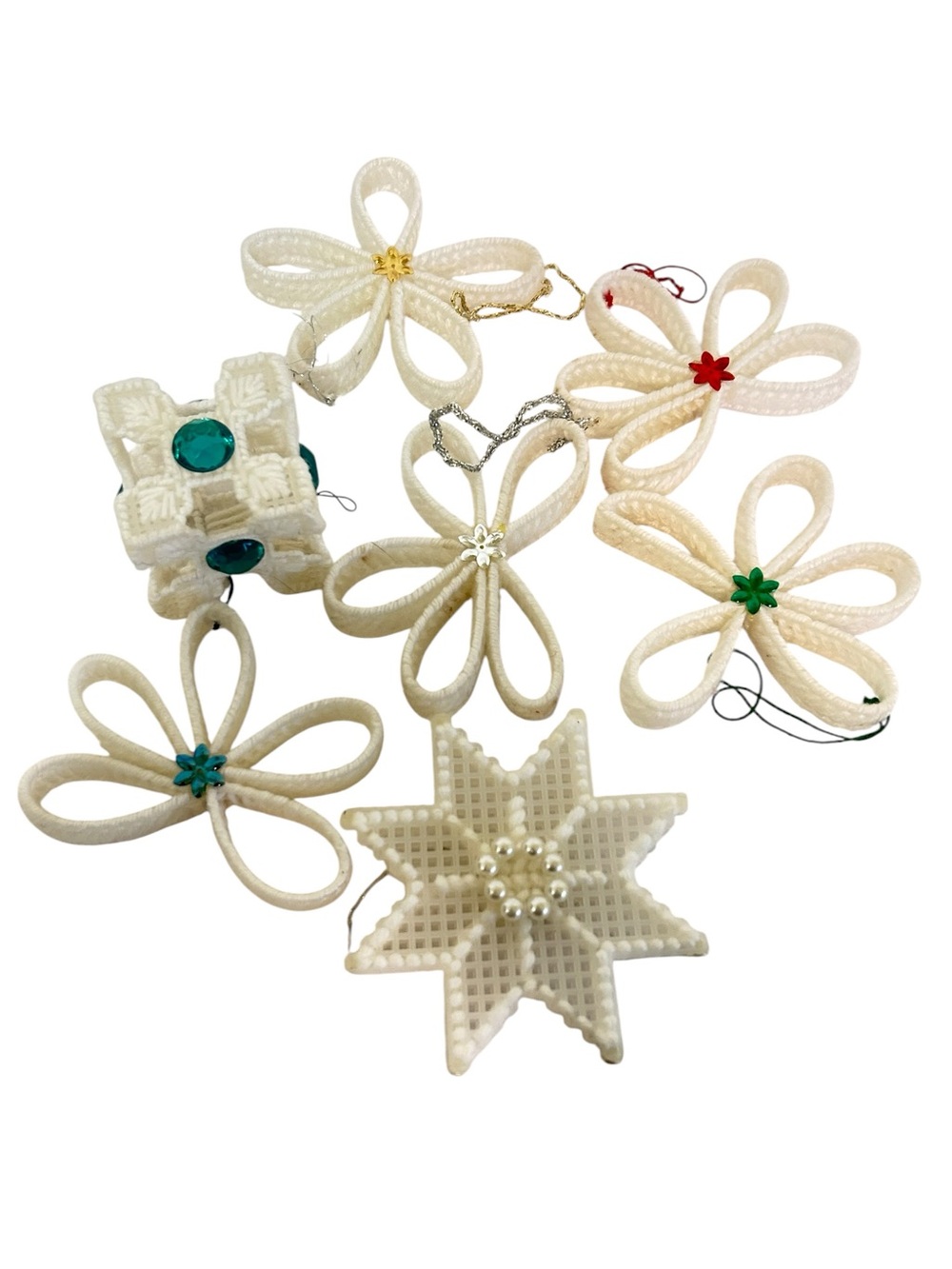 Vtg Plastic Canvas Christmas Ornaments Lot of 7 White Star Flower Snowflake